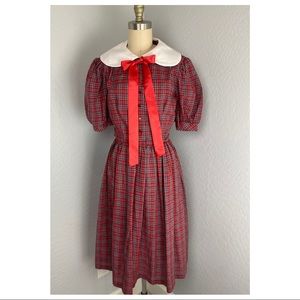 Vintage Red Plaid Modest Fit & Flare Dress With Puff Sleeve & Ribbon Bow